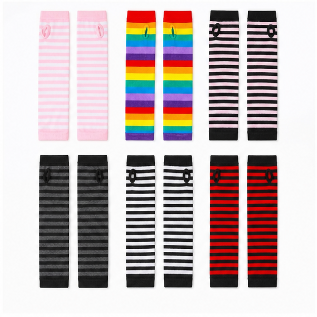 6 Pairs Arm Warmers, Colorful Goth Arm Sleeves Women, Long Fingerless Gloves for Women, Warm Stretchy Knit Striped hand warmer gloves for Women's School Office Outdoor Accessories - back view