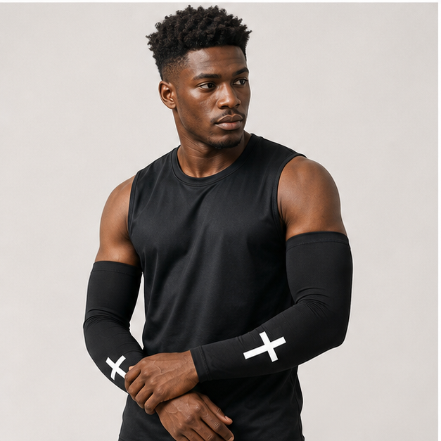 2 Pairs Faith Cross Arm Sleeves, Polyester Religious Compression Cooling Arm Sleeves for Men Women Football Basketball Baseball Running Cycling Outdoor Activities Sleeve (Black, White) - model view